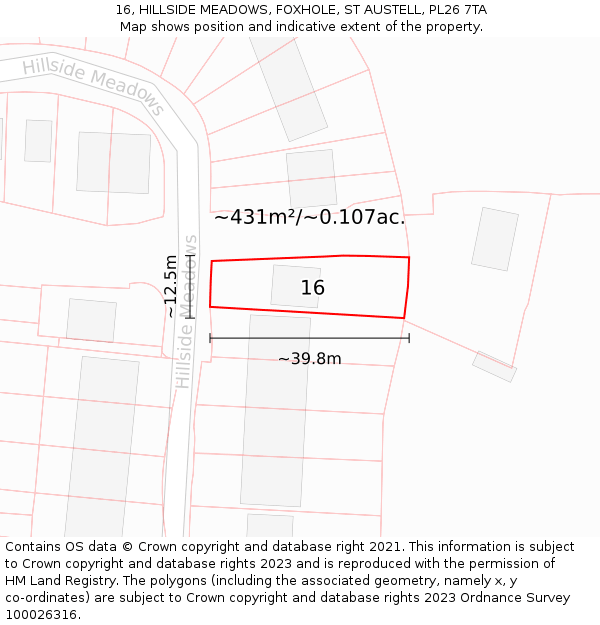 16, HILLSIDE MEADOWS, FOXHOLE, ST AUSTELL, PL26 7TA: Plot and title map