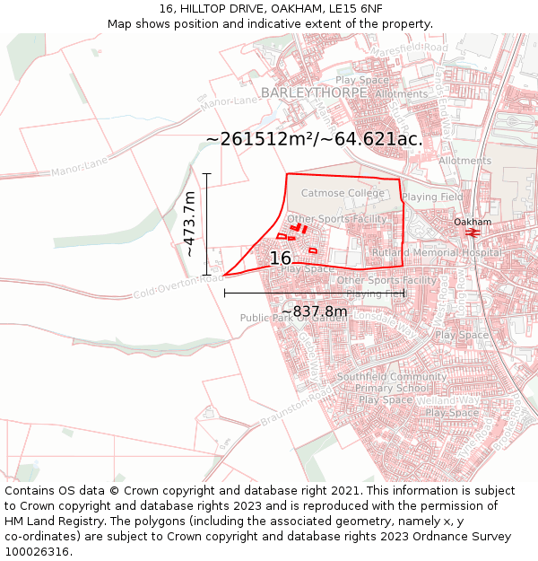 16, HILLTOP DRIVE, OAKHAM, LE15 6NF: Plot and title map