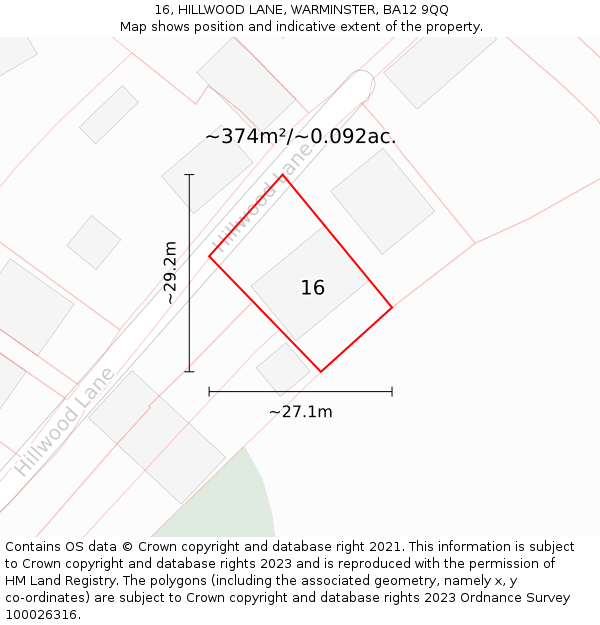 16, HILLWOOD LANE, WARMINSTER, BA12 9QQ: Plot and title map