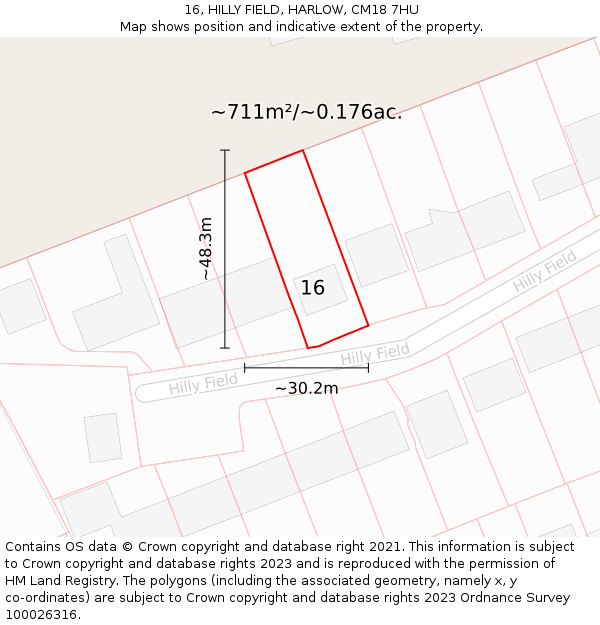 16, HILLY FIELD, HARLOW, CM18 7HU: Plot and title map