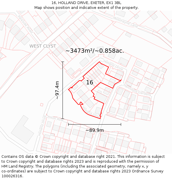 16, HOLLAND DRIVE, EXETER, EX1 3BL: Plot and title map