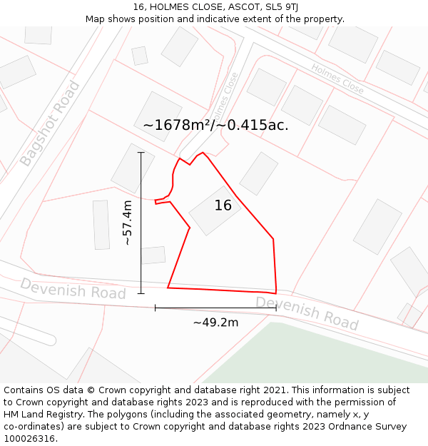 16, HOLMES CLOSE, ASCOT, SL5 9TJ: Plot and title map