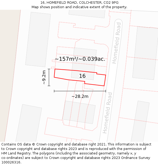 16, HOMEFIELD ROAD, COLCHESTER, CO2 9PG: Plot and title map