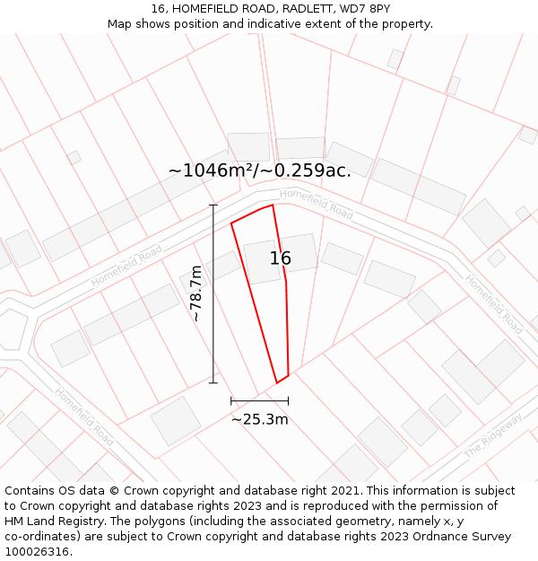 16, HOMEFIELD ROAD, RADLETT, WD7 8PY: Plot and title map