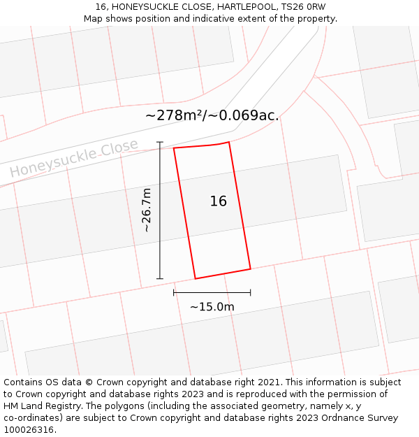 16, HONEYSUCKLE CLOSE, HARTLEPOOL, TS26 0RW: Plot and title map