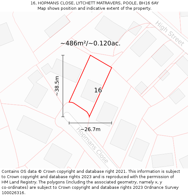 16, HOPMANS CLOSE, LYTCHETT MATRAVERS, POOLE, BH16 6AY: Plot and title map