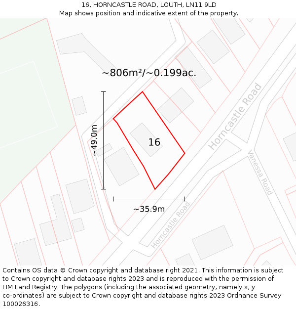 16, HORNCASTLE ROAD, LOUTH, LN11 9LD: Plot and title map