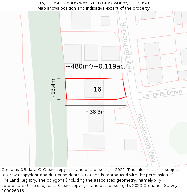 16, HORSEGUARDS WAY, MELTON MOWBRAY, LE13 0SU: Plot and title map
