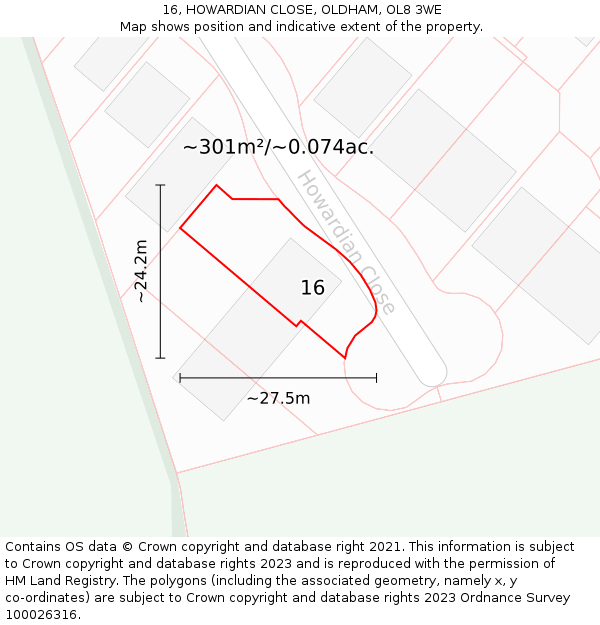 16, HOWARDIAN CLOSE, OLDHAM, OL8 3WE: Plot and title map