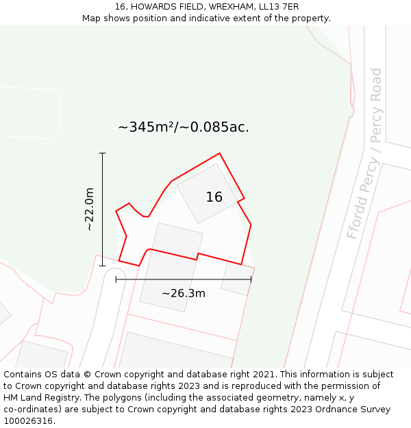 16, HOWARDS FIELD, WREXHAM, LL13 7ER: Plot and title map