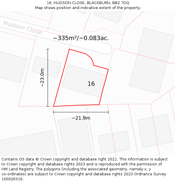 16, HUDSON CLOSE, BLACKBURN, BB2 7DQ: Plot and title map