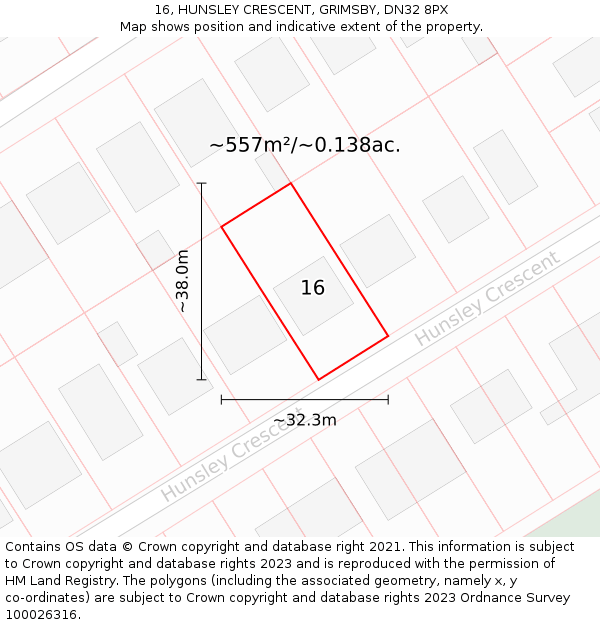 16, HUNSLEY CRESCENT, GRIMSBY, DN32 8PX: Plot and title map