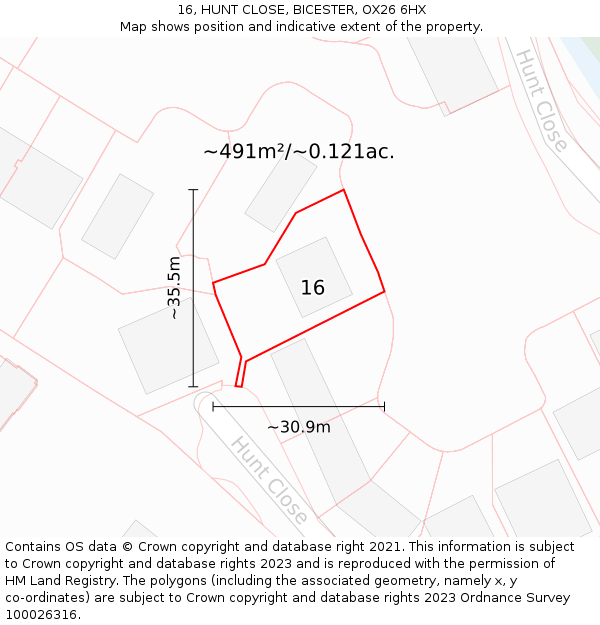 16, HUNT CLOSE, BICESTER, OX26 6HX: Plot and title map