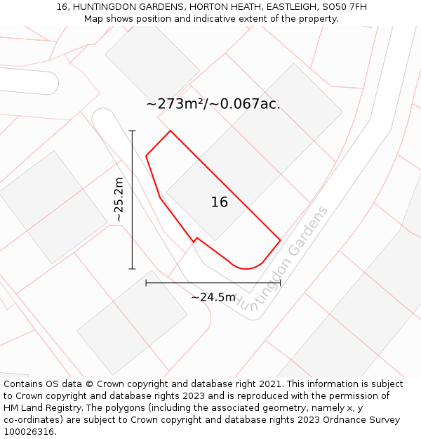 16, HUNTINGDON GARDENS, HORTON HEATH, EASTLEIGH, SO50 7FH: Plot and title map