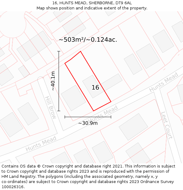 16, HUNTS MEAD, SHERBORNE, DT9 6AL: Plot and title map