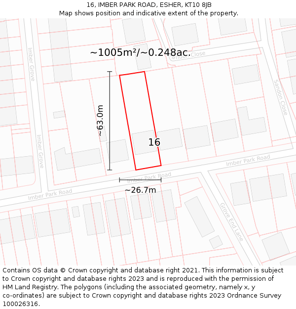 16, IMBER PARK ROAD, ESHER, KT10 8JB: Plot and title map