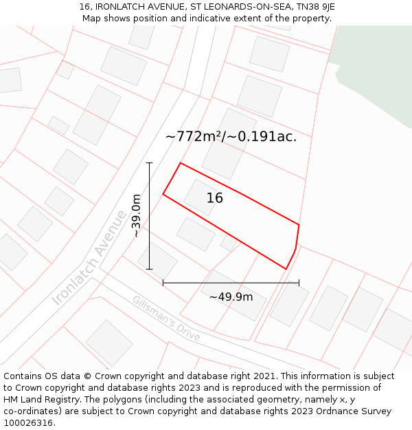 16, IRONLATCH AVENUE, ST LEONARDS-ON-SEA, TN38 9JE: Plot and title map