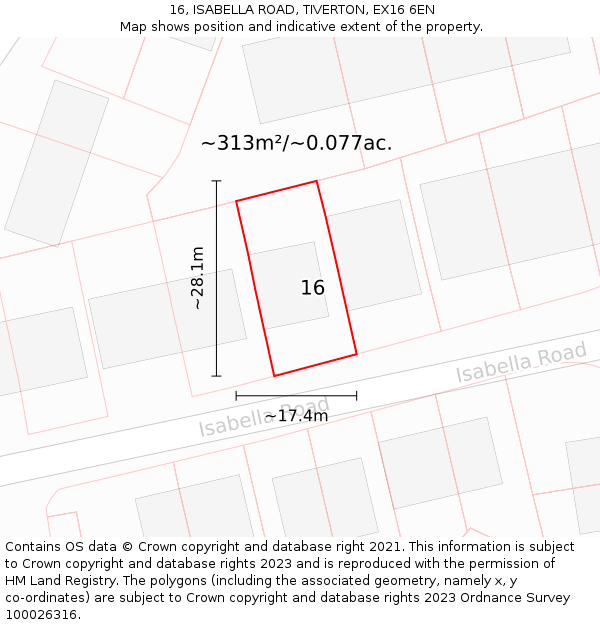 16, ISABELLA ROAD, TIVERTON, EX16 6EN: Plot and title map