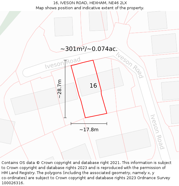 16, IVESON ROAD, HEXHAM, NE46 2LX: Plot and title map