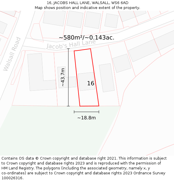 16, JACOBS HALL LANE, WALSALL, WS6 6AD: Plot and title map