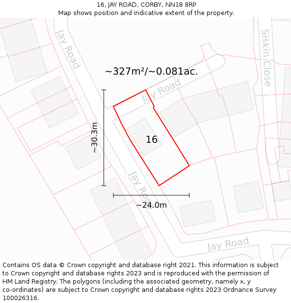 16, JAY ROAD, CORBY, NN18 8RP: Plot and title map