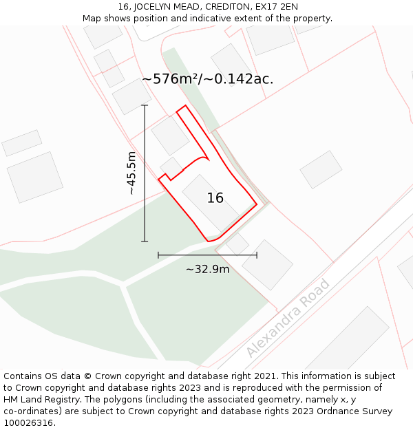 16, JOCELYN MEAD, CREDITON, EX17 2EN: Plot and title map