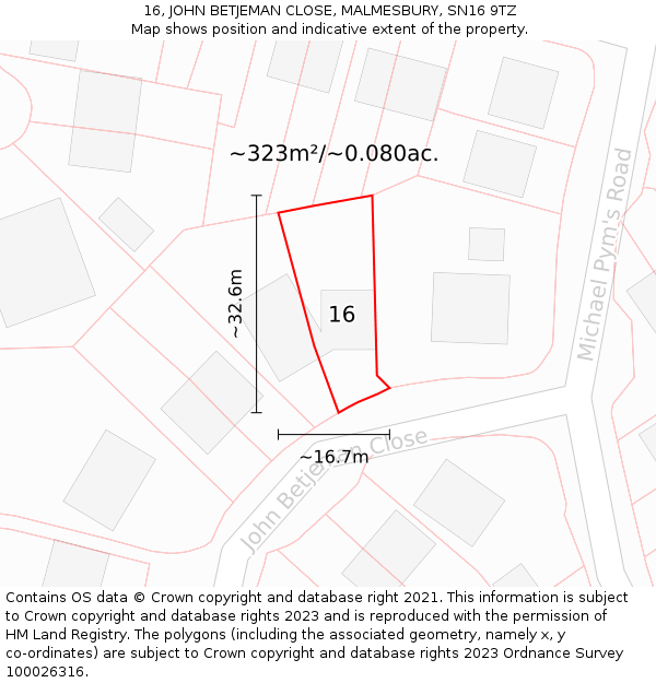 16, JOHN BETJEMAN CLOSE, MALMESBURY, SN16 9TZ: Plot and title map