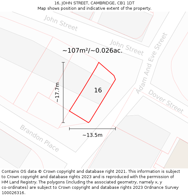 16, JOHN STREET, CAMBRIDGE, CB1 1DT: Plot and title map