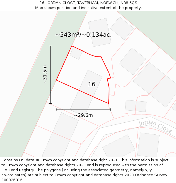 16, JORDAN CLOSE, TAVERHAM, NORWICH, NR8 6QS: Plot and title map