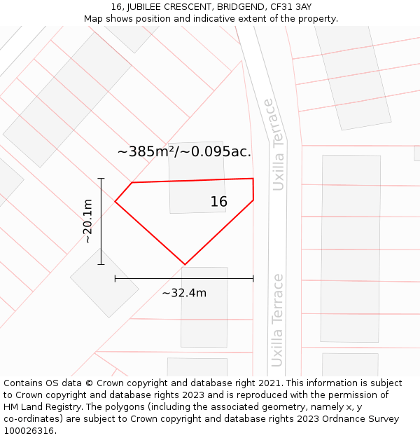 16, JUBILEE CRESCENT, BRIDGEND, CF31 3AY: Plot and title map