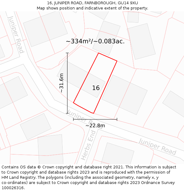 16, JUNIPER ROAD, FARNBOROUGH, GU14 9XU: Plot and title map