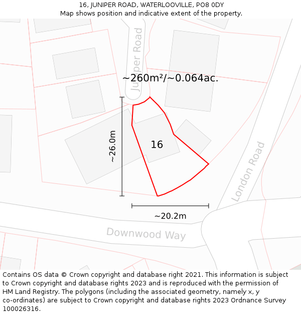 16, JUNIPER ROAD, WATERLOOVILLE, PO8 0DY: Plot and title map