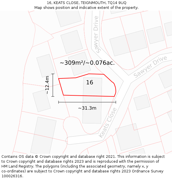 16, KEATS CLOSE, TEIGNMOUTH, TQ14 9UQ: Plot and title map