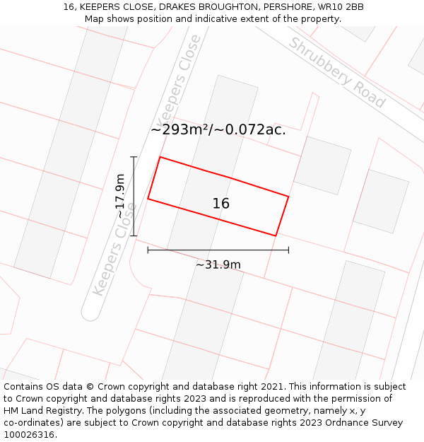 16, KEEPERS CLOSE, DRAKES BROUGHTON, PERSHORE, WR10 2BB: Plot and title map