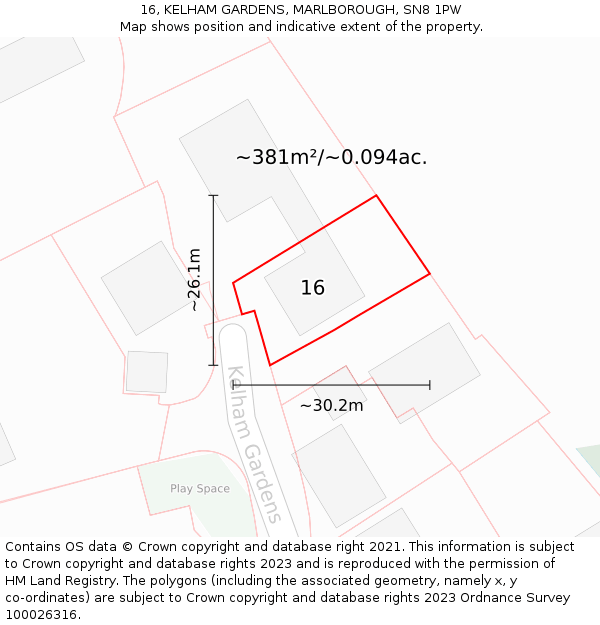 16, KELHAM GARDENS, MARLBOROUGH, SN8 1PW: Plot and title map