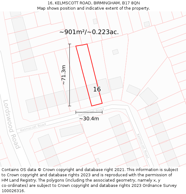 16, KELMSCOTT ROAD, BIRMINGHAM, B17 8QN: Plot and title map