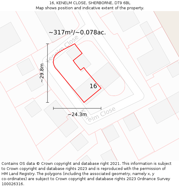 16, KENELM CLOSE, SHERBORNE, DT9 6BL: Plot and title map