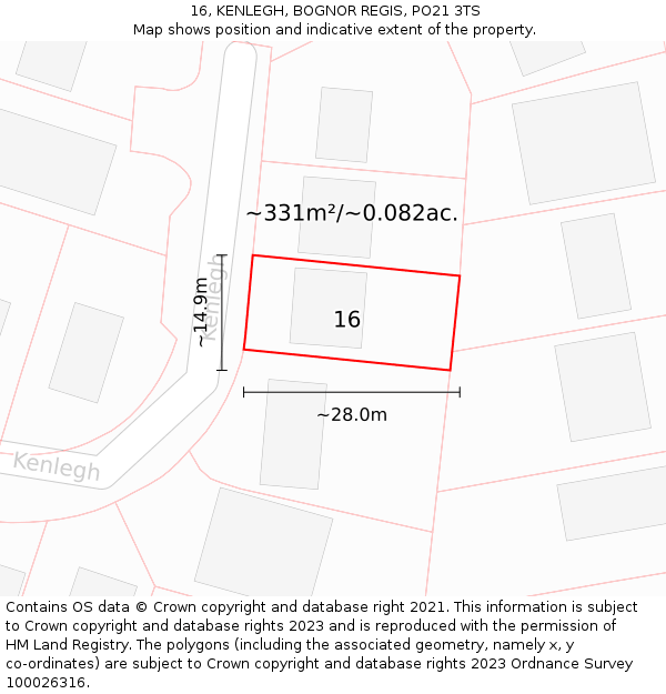 16, KENLEGH, BOGNOR REGIS, PO21 3TS: Plot and title map