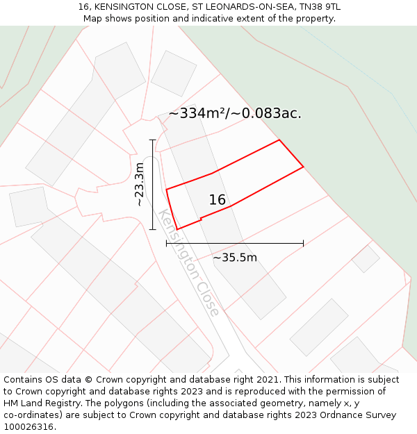 16, KENSINGTON CLOSE, ST LEONARDS-ON-SEA, TN38 9TL: Plot and title map