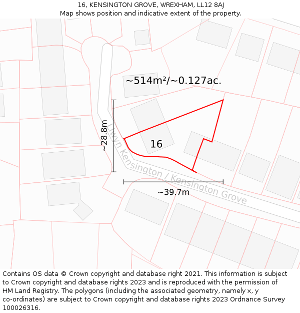 16, KENSINGTON GROVE, WREXHAM, LL12 8AJ: Plot and title map