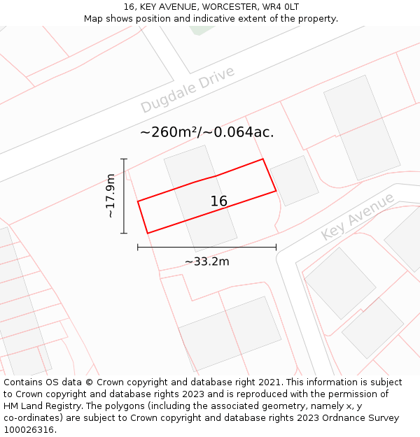16, KEY AVENUE, WORCESTER, WR4 0LT: Plot and title map