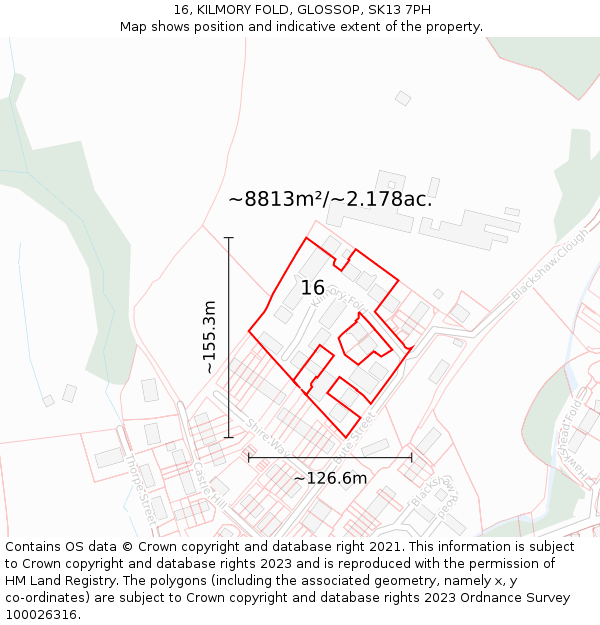16, KILMORY FOLD, GLOSSOP, SK13 7PH: Plot and title map