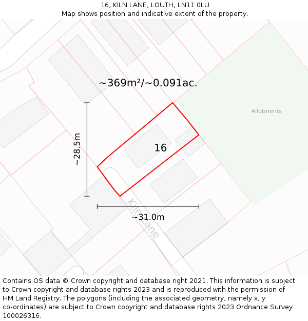 16, KILN LANE, LOUTH, LN11 0LU: Plot and title map