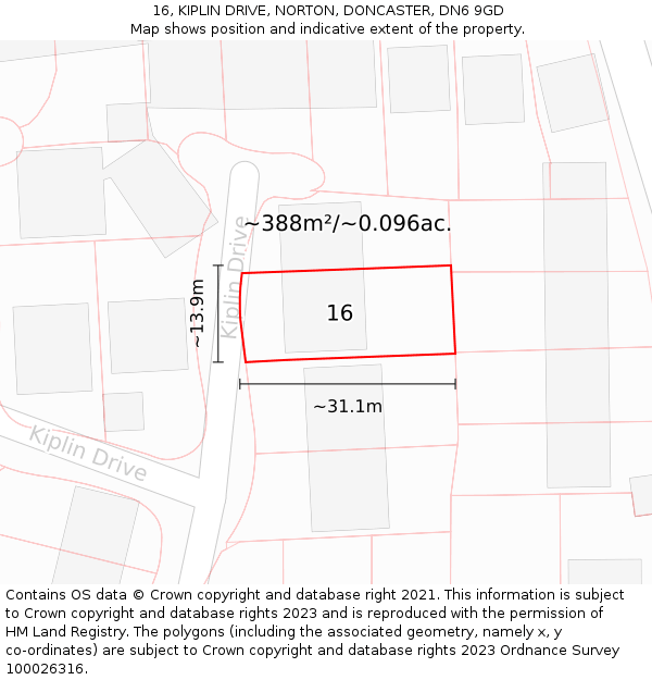 16, KIPLIN DRIVE, NORTON, DONCASTER, DN6 9GD: Plot and title map