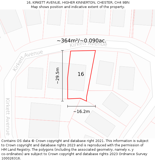 16, KIRKETT AVENUE, HIGHER KINNERTON, CHESTER, CH4 9BN: Plot and title map