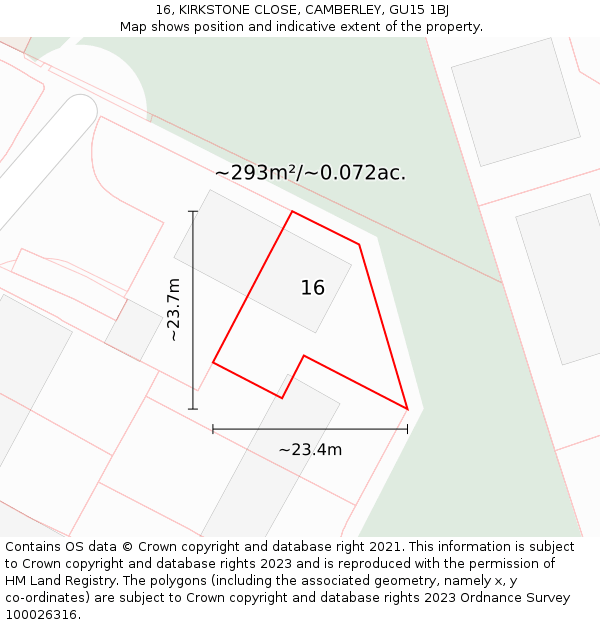 16, KIRKSTONE CLOSE, CAMBERLEY, GU15 1BJ: Plot and title map