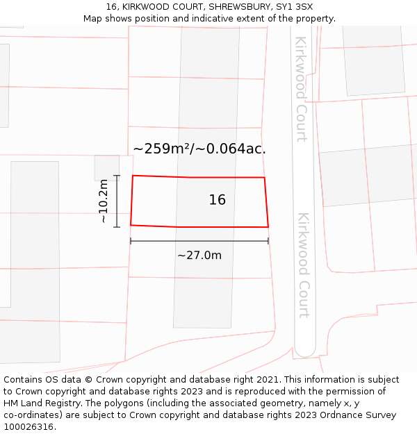 16, KIRKWOOD COURT, SHREWSBURY, SY1 3SX: Plot and title map