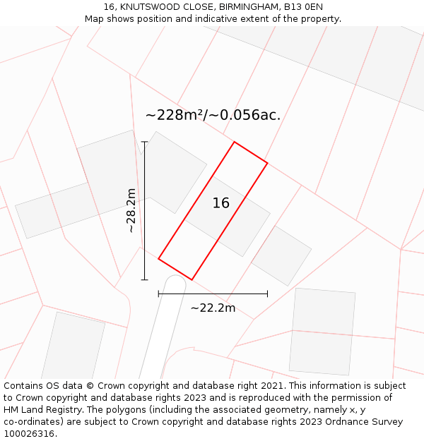 16, KNUTSWOOD CLOSE, BIRMINGHAM, B13 0EN: Plot and title map