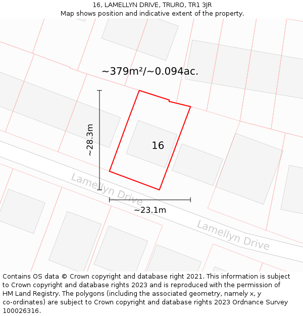 16, LAMELLYN DRIVE, TRURO, TR1 3JR: Plot and title map