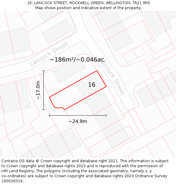 16, LANCOCK STREET, ROCKWELL GREEN, WELLINGTON, TA21 9RS: Plot and title map